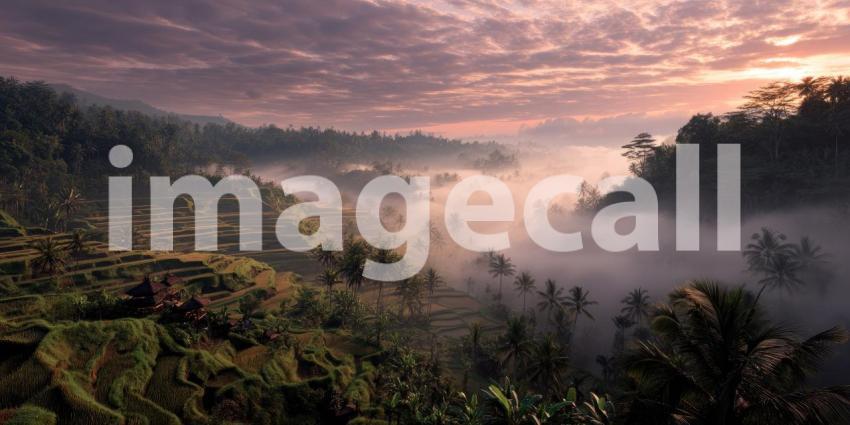A breathtaking sunrise over Bali's lush rice terraces, with morning fog gently rolling through the layered fields.