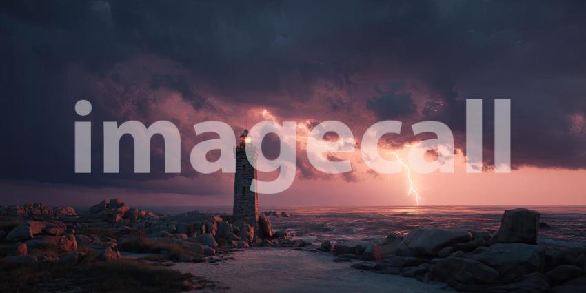 A fierce thunderstorm striking an old lighthouse on a rugged, rocky coastline under a turbulent night sky.