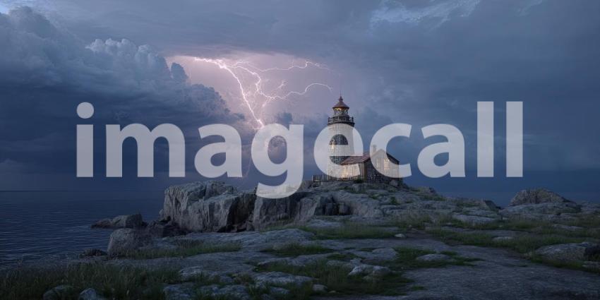 A fierce thunderstorm striking an old lighthouse on a rugged, rocky coastline under a turbulent night sky.