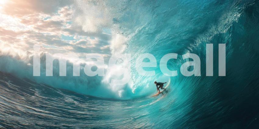 A surfer skillfully riding a perfect barrel wave, surrounded by ocean spray under the bright coastal sun.