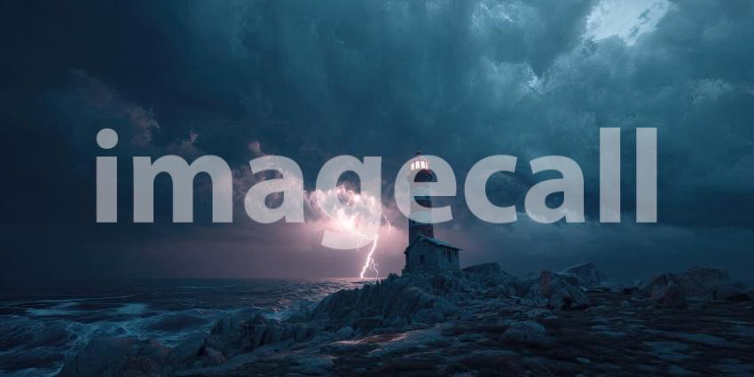 A fierce thunderstorm striking an old lighthouse on a rugged, rocky coastline under a turbulent night sky.
