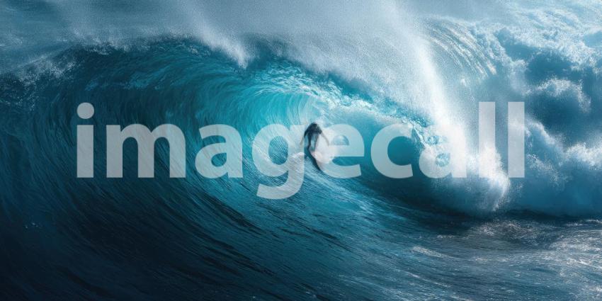 A surfer skillfully riding a perfect barrel wave, surrounded by ocean spray under the bright coastal sun.