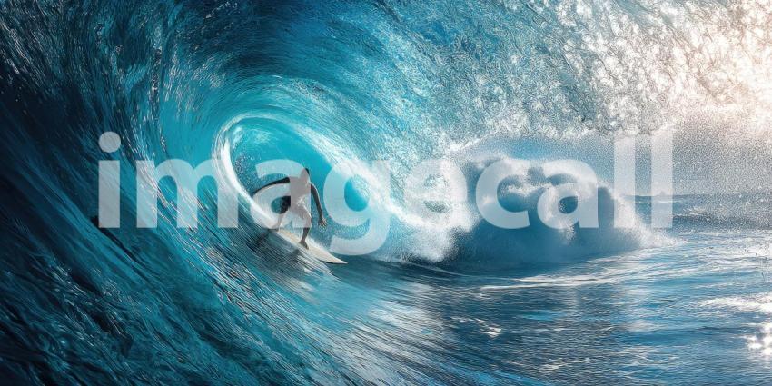 A surfer skillfully riding a perfect barrel wave, surrounded by ocean spray under the bright coastal sun.