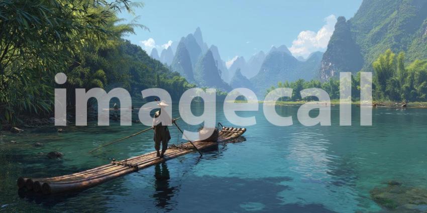 A traditional fisherman navigating a bamboo raft through misty waters in rural China at sunrise.