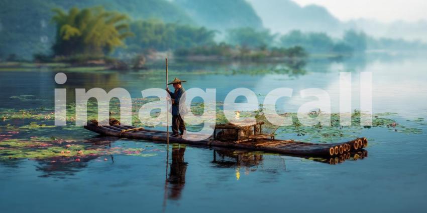 A traditional fisherman navigating a bamboo raft through misty waters in rural China at sunrise.