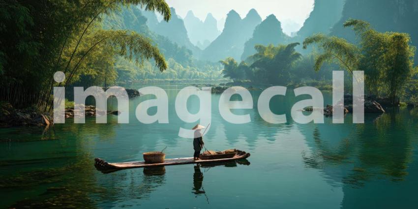 A traditional fisherman navigating a bamboo raft through misty waters in rural China at sunrise.