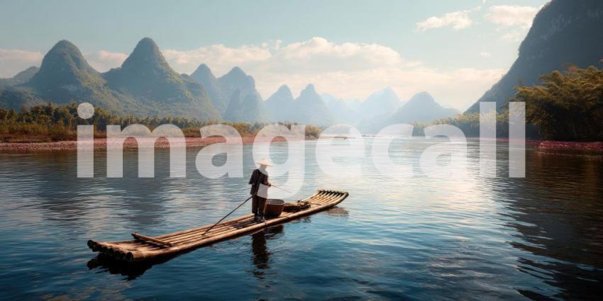 A traditional fisherman navigating a bamboo raft through misty waters in rural China at sunrise.