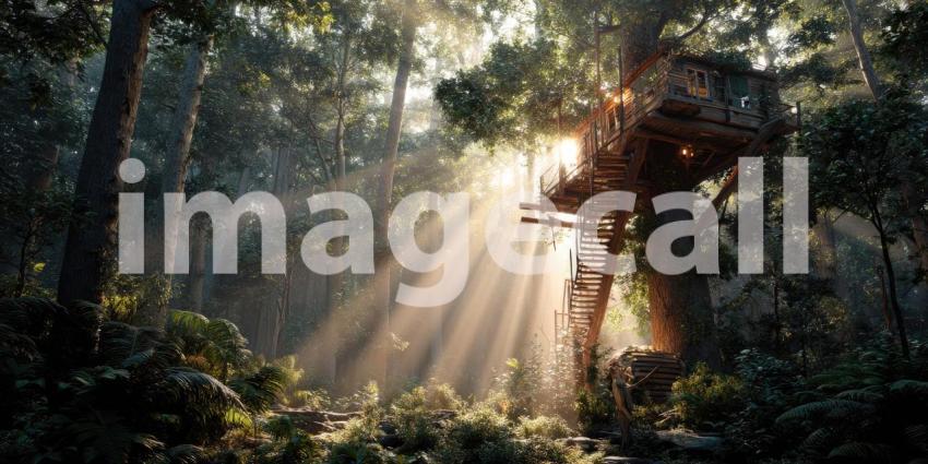 A charming treehouse perched high above the forest floor, bathed in golden sunlight streaming through the trees.