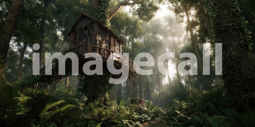 A charming treehouse perched high above the forest floor, bathed in golden sunlight streaming through the trees.