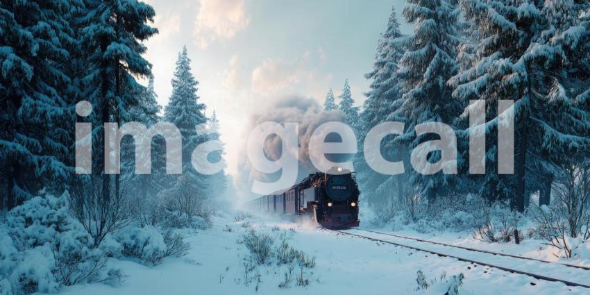 A vintage steam train chugging through a snow-covered forest, puffs of smoke rising against the winter landscape.