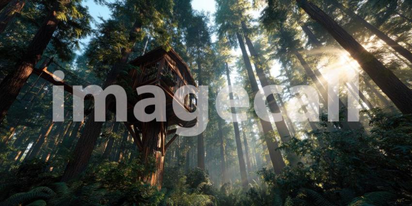 A charming treehouse perched high above the forest floor, bathed in golden sunlight streaming through the trees.
