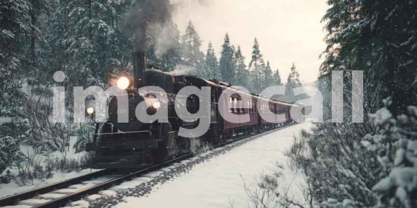 A vintage steam train chugging through a snow-covered forest, puffs of smoke rising against the winter landscape.