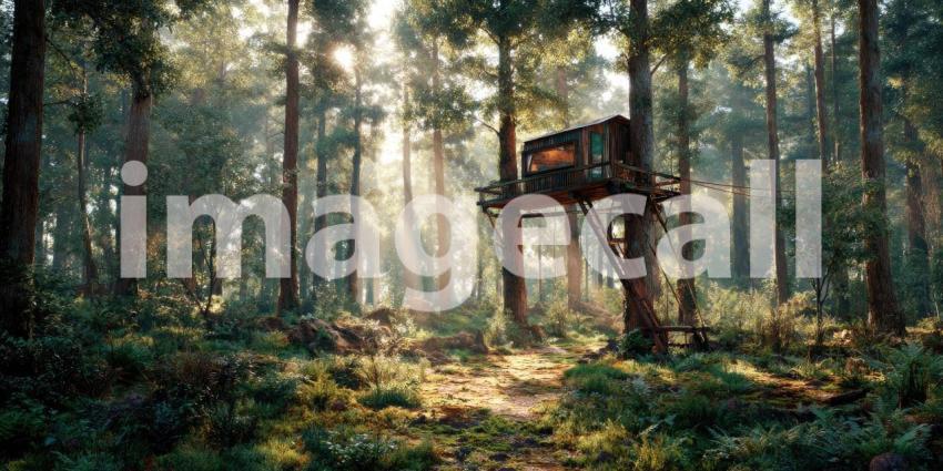 A charming treehouse perched high above the forest floor, bathed in golden sunlight streaming through the trees.