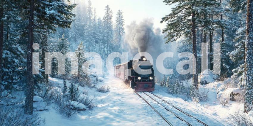A vintage steam train chugging through a snow-covered forest, puffs of smoke rising against the winter landscape.