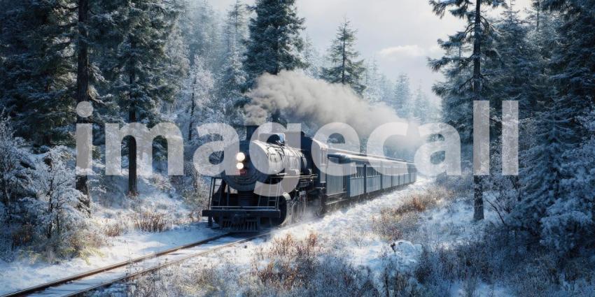 A vintage steam train chugging through a snow-covered forest, puffs of smoke rising against the winter landscape.