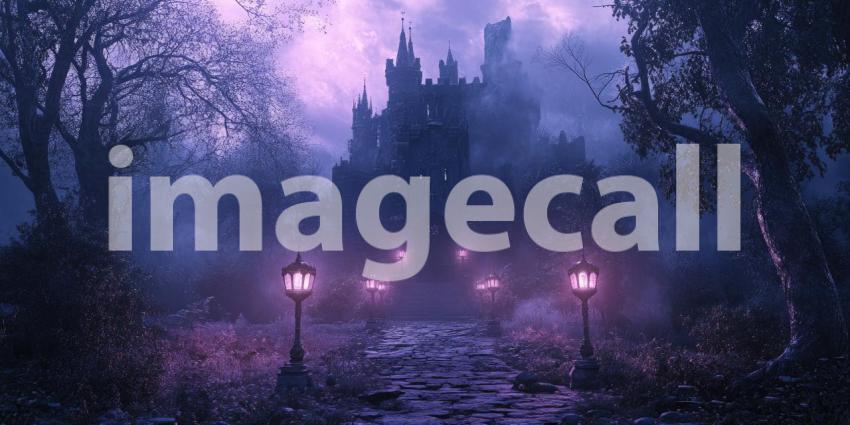 Dark Enchanted Castle with Glowing Lanterns and Mist, Mysterious Fantasy Background Design