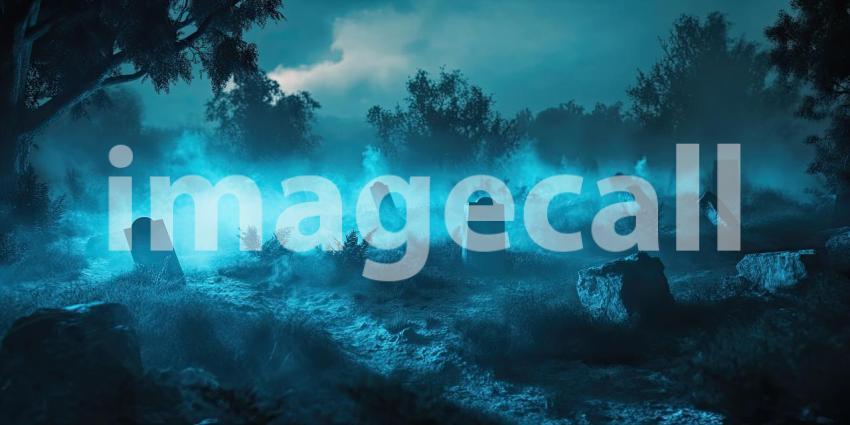 Dark Misty Graveyard with Glowing Blue Fog, Eerie and Haunting Background Design