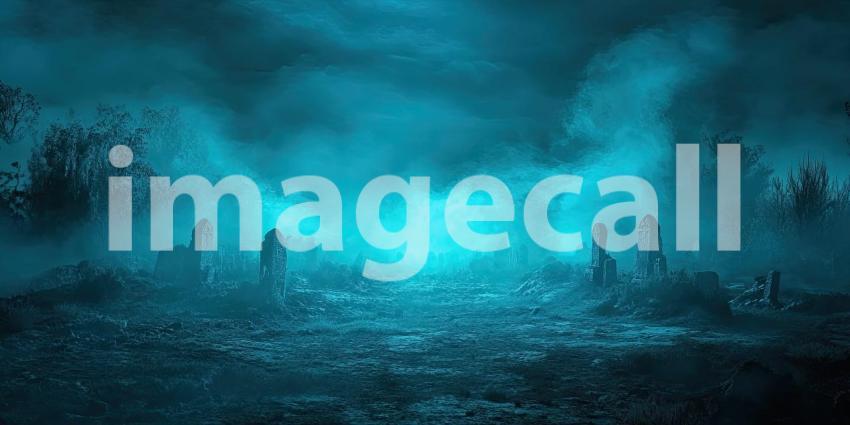 Dark Misty Graveyard with Glowing Blue Fog, Eerie and Haunting Background Design