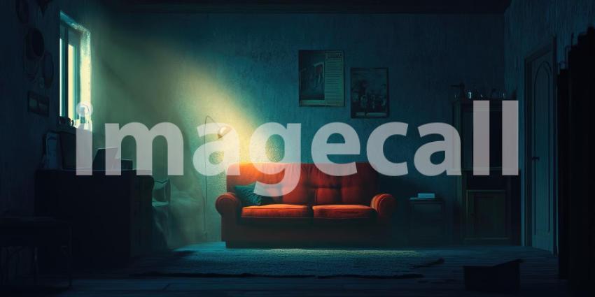 Dark Moody Room with a Single Light Source Creating Shadows, Atmospheric and Mysterious Background