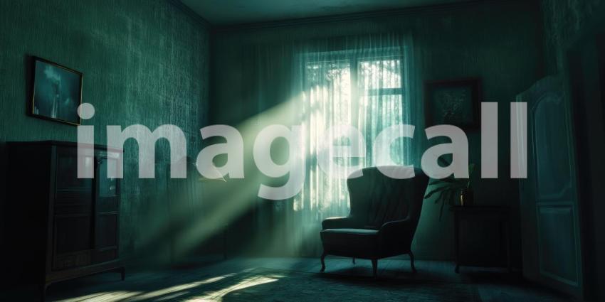 Dark Moody Room with a Single Light Source Creating Shadows, Atmospheric and Mysterious Background