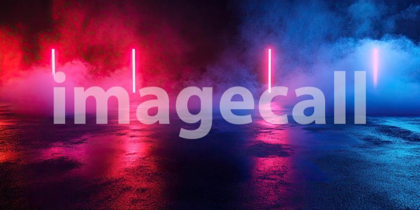 Dark Night Empty Scene with Wet Asphalt, Red and Blue Neon, Smoke, and Reflections, Cinematic Background