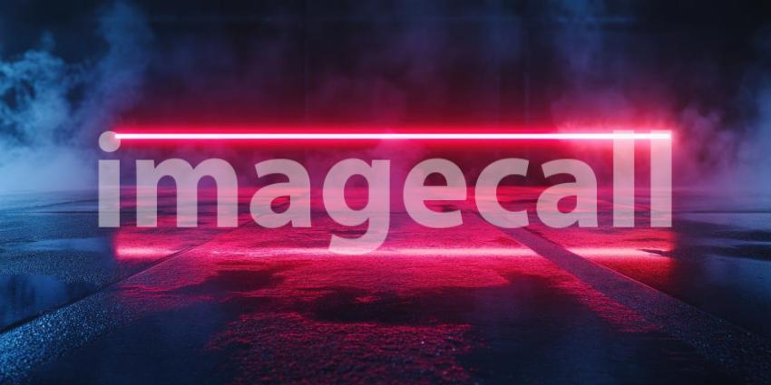 Dark Night Empty Scene with Wet Asphalt, Red and Blue Neon, Smoke, and Reflections, Cinematic Background