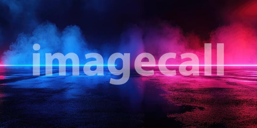 Dark Night Empty Scene with Wet Asphalt, Red and Blue Neon, Smoke, and Reflections, Cinematic Background