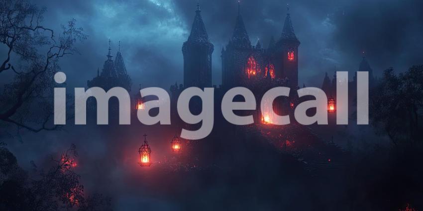 Dark Enchanted Castle with Glowing Lanterns and Mist, Mysterious Fantasy Background Design