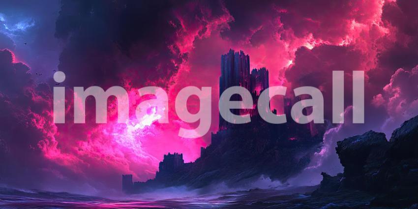 Dark Fantasy Castle Under a Stormy Sky, Dramatic and Mysterious Background Design