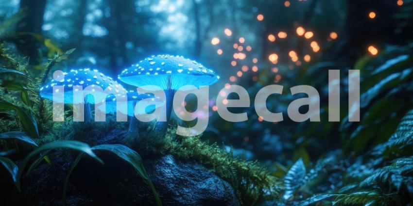 Dark Enchanted Forest with Glowing Blue Mushrooms and Mist, Magical and Mysterious Background Design
