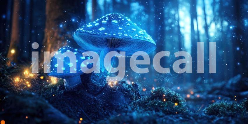Dark Enchanted Forest with Glowing Blue Mushrooms and Mist, Magical and Mysterious Background Design