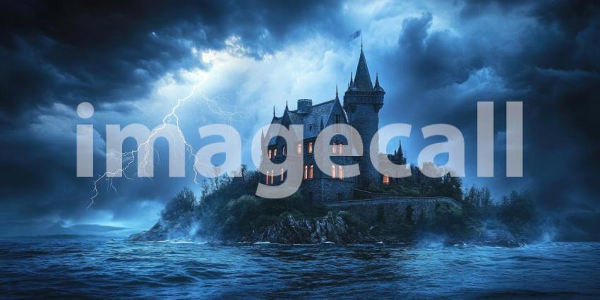 Dark Fantasy Castle Under a Stormy Sky, Dramatic and Mysterious Background Design
