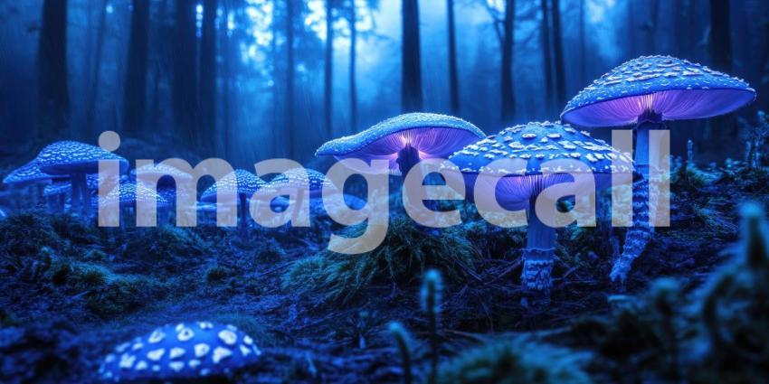 Dark Enchanted Forest with Glowing Blue Mushrooms and Mist, Magical and Mysterious Background Design