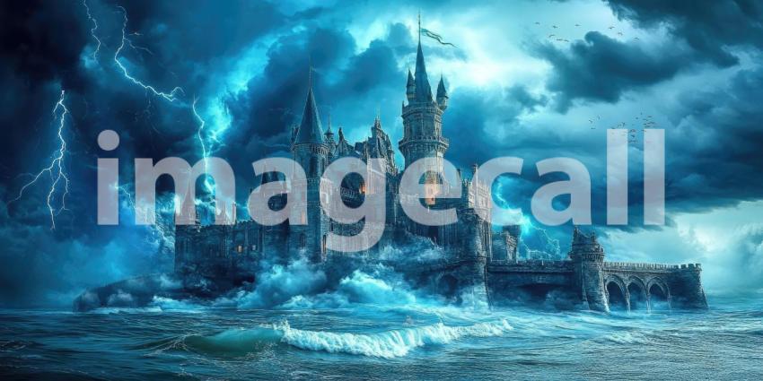 Dark Fantasy Castle Under a Stormy Sky, Dramatic and Mysterious Background Design