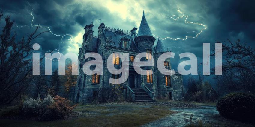 Dark Fantasy Castle Under a Stormy Sky, Dramatic and Mysterious Background Design