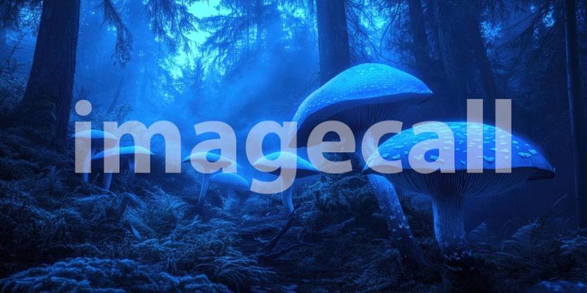 Dark Enchanted Forest with Glowing Blue Mushrooms and Mist, Magical and Mysterious Background Design
