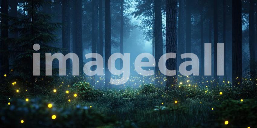 Dark Forest with Mist and Glowing Fireflies, Enchanted and Mysterious Nature Background Design