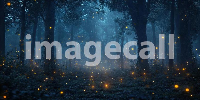 Dark Forest with Mist and Glowing Fireflies, Enchanted and Mysterious Nature Background Design