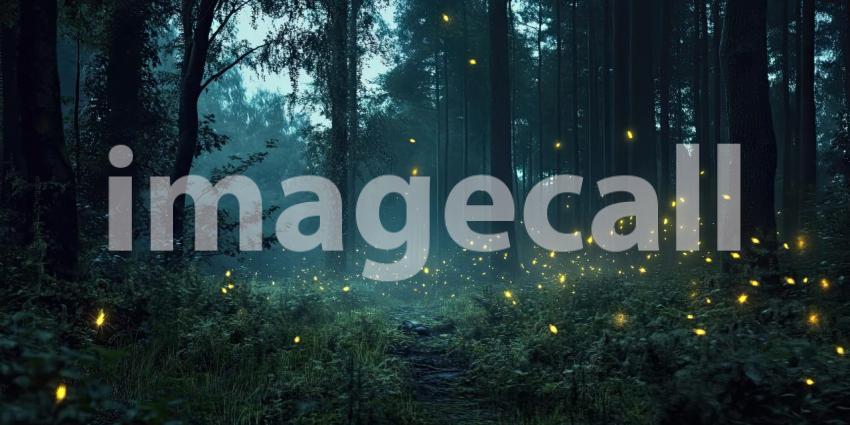 Dark Forest with Mist and Glowing Fireflies, Enchanted and Mysterious Nature Background Design