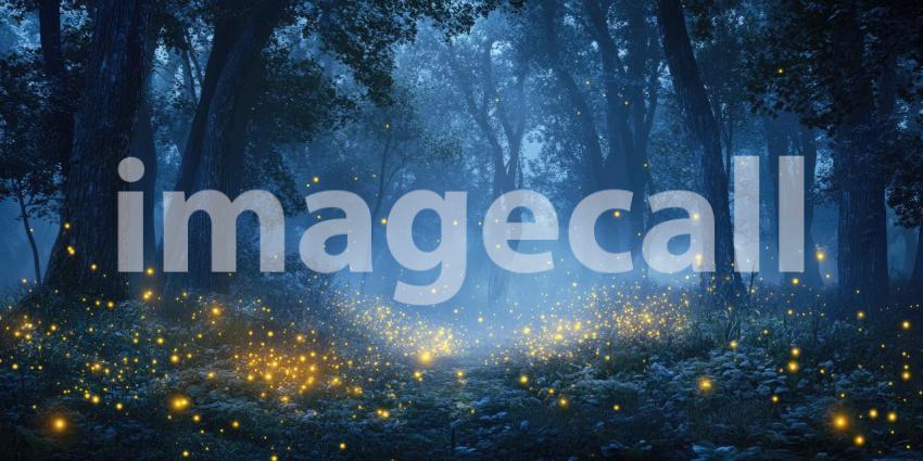 Dark Forest with Mist and Glowing Fireflies, Enchanted and Mysterious Nature Background Design