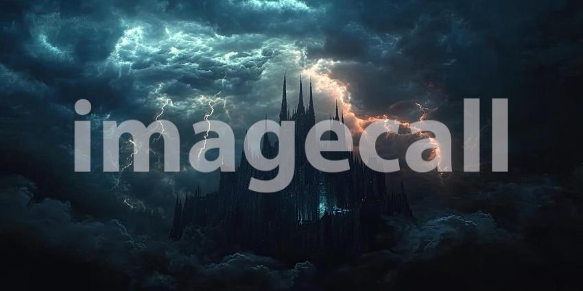 Dark Gothic Castle Under a Thunderstorm Sky, Dramatic and Mysterious Fantasy Background Design