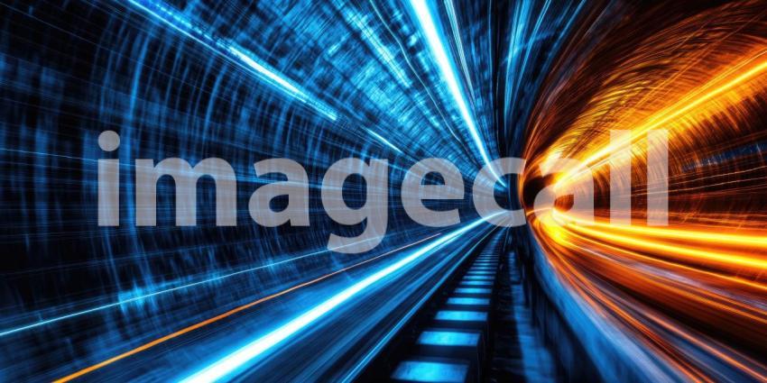 Dark Futuristic Tunnel with Glowing Neon Blue Light Strips, Sleek and Sci-Fi Background Design