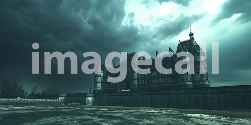 Dark Gothic Castle Under a Thunderstorm Sky, Dramatic and Mysterious Fantasy Background Design