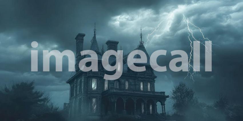 Dark Gothic Castle Under a Thunderstorm Sky, Dramatic and Haunting Fantasy Background Design