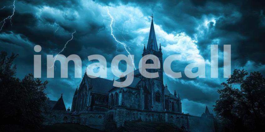 Dark Gothic Castle Under a Thunderstorm Sky, Dramatic and Haunting Fantasy Background Design