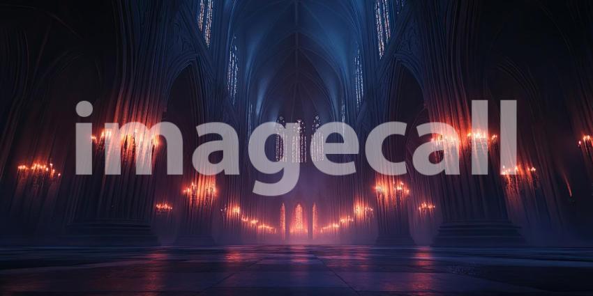 Dark Gothic Cathedral with Glowing Candlelit Windows, Mysterious and Atmospheric Background Design