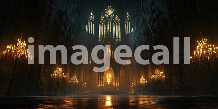 Dark Gothic Cathedral with Glowing Candlelit Windows, Mysterious and Atmospheric Background Design