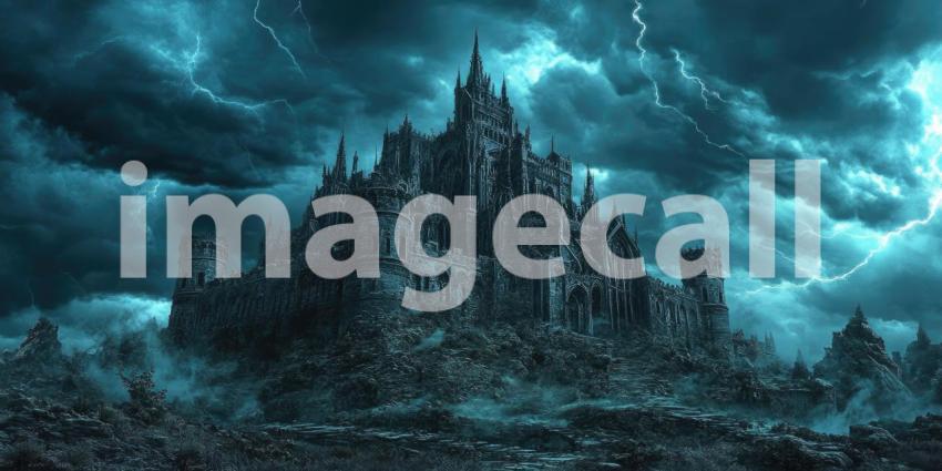 Dark Gothic Castle Under a Thunderstorm Sky, Mysterious and Haunting Fantasy Background Design
