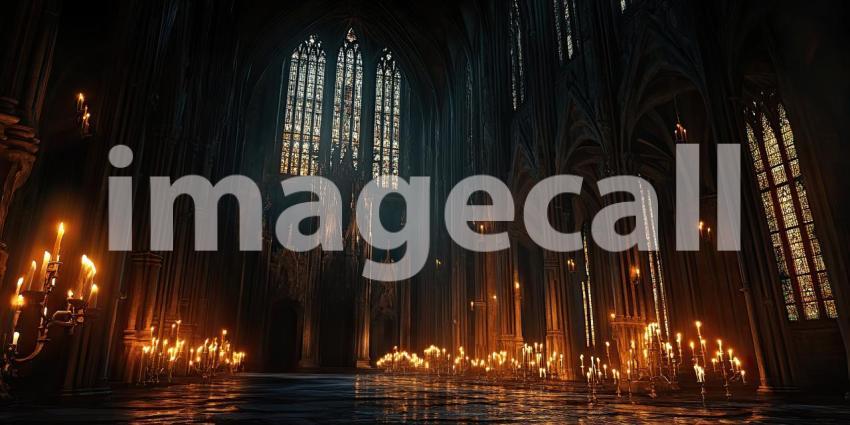 Dark Gothic Cathedral with Glowing Candlelit Windows, Mysterious and Atmospheric Background Design