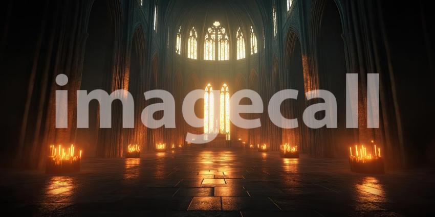 Dark Gothic Cathedral with Glowing Candlelit Windows, Mysterious and Atmospheric Background Design